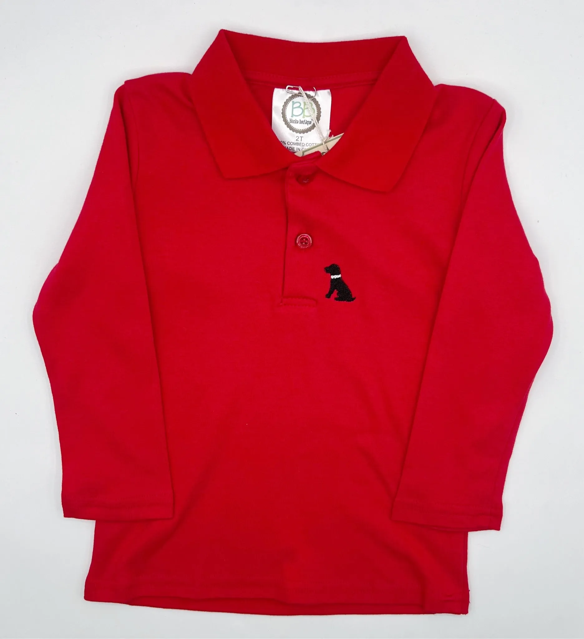 2 T - Polo Shirt Long Sleeve Red w/Embroidered Dog