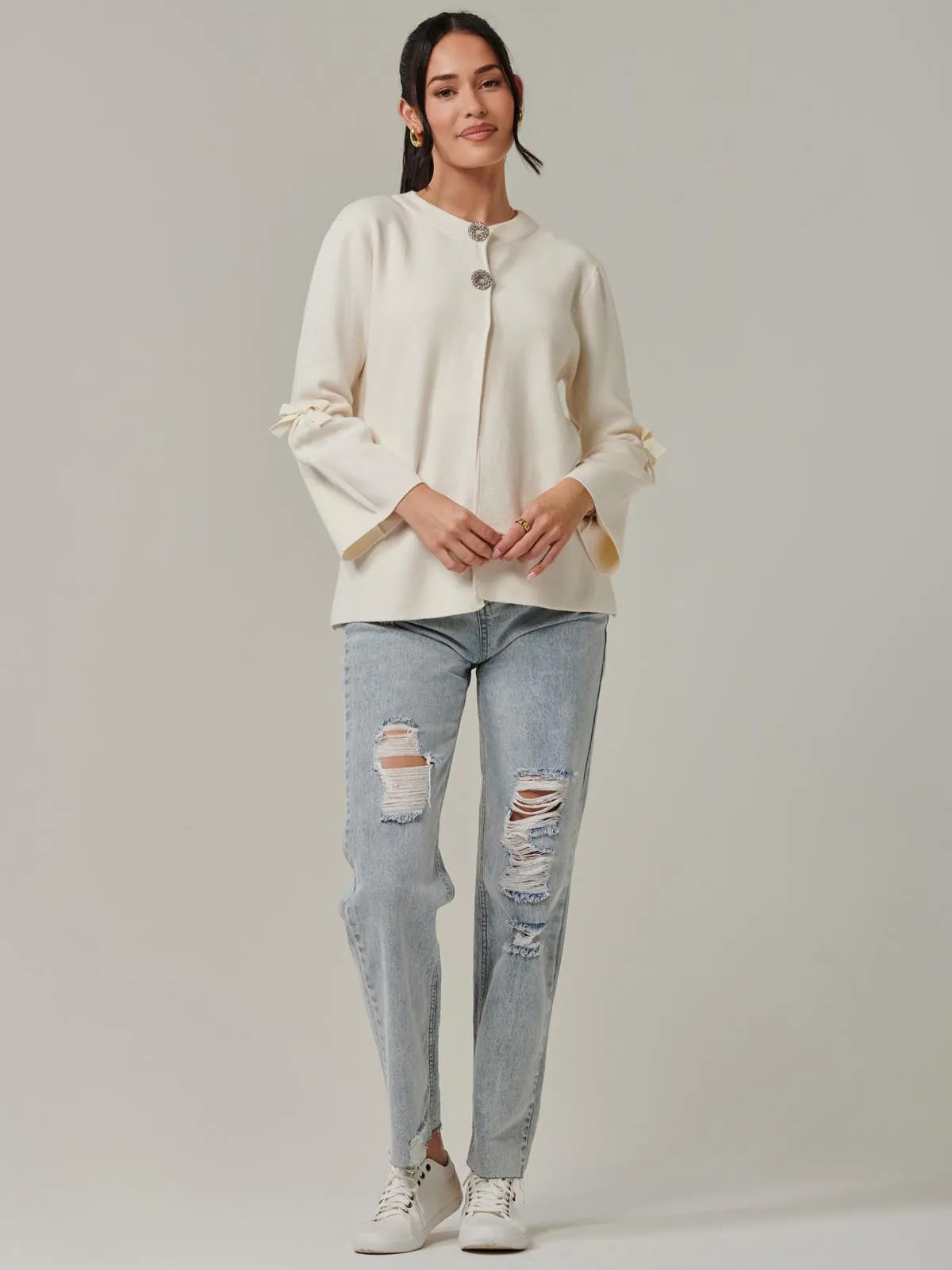 Button Bow Sleeve Knit Cardigan, Oatmeal