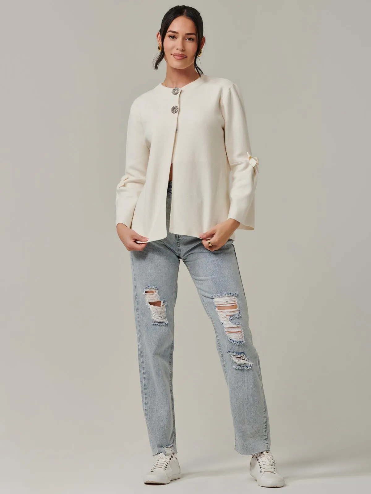 Button Bow Sleeve Knit Cardigan, Oatmeal