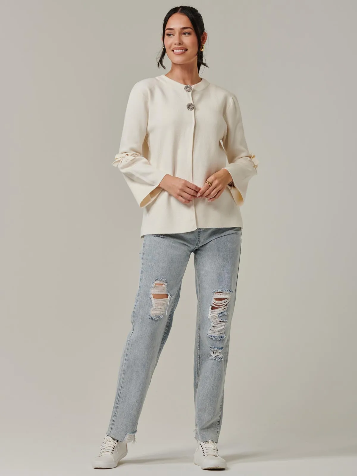 Button Bow Sleeve Knit Cardigan, Oatmeal