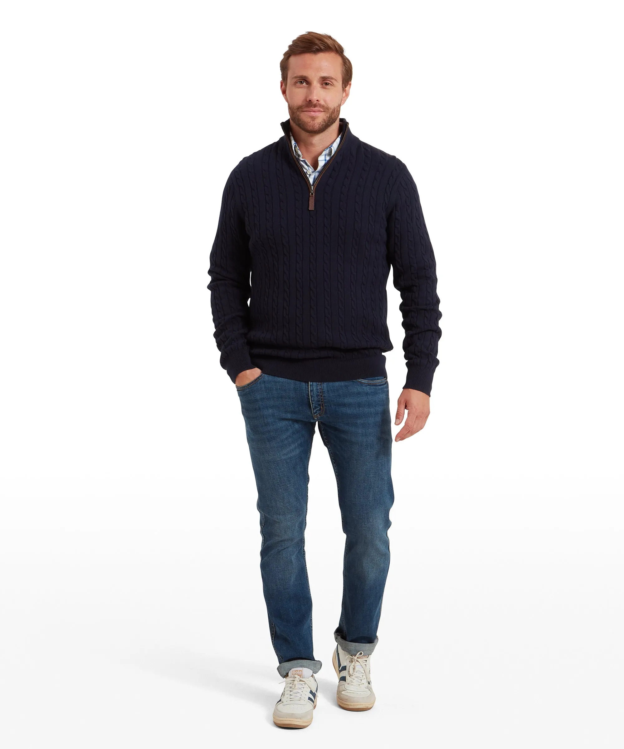 Calton Cotton Cashmere Cable Quarter Zip Jumper - Navy