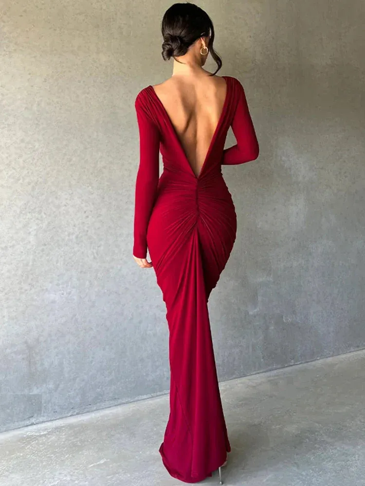 Deep V Neck Mermaid Slim Bodycon Nightclub Sexy Autumn Winter Long Maxi Dress