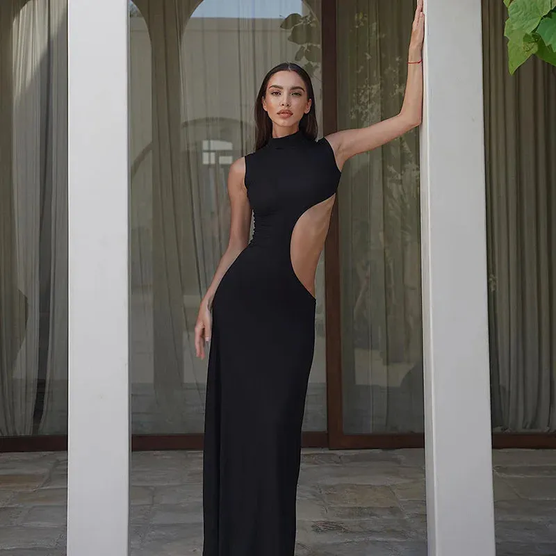 Elegant Black Hollow Out Sleeveless Bodycon Maxi Dress