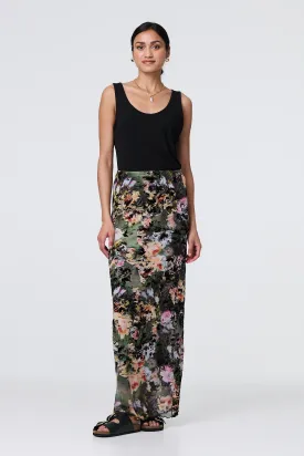 Floral Mesh High Waist Straight Maxi Skirt