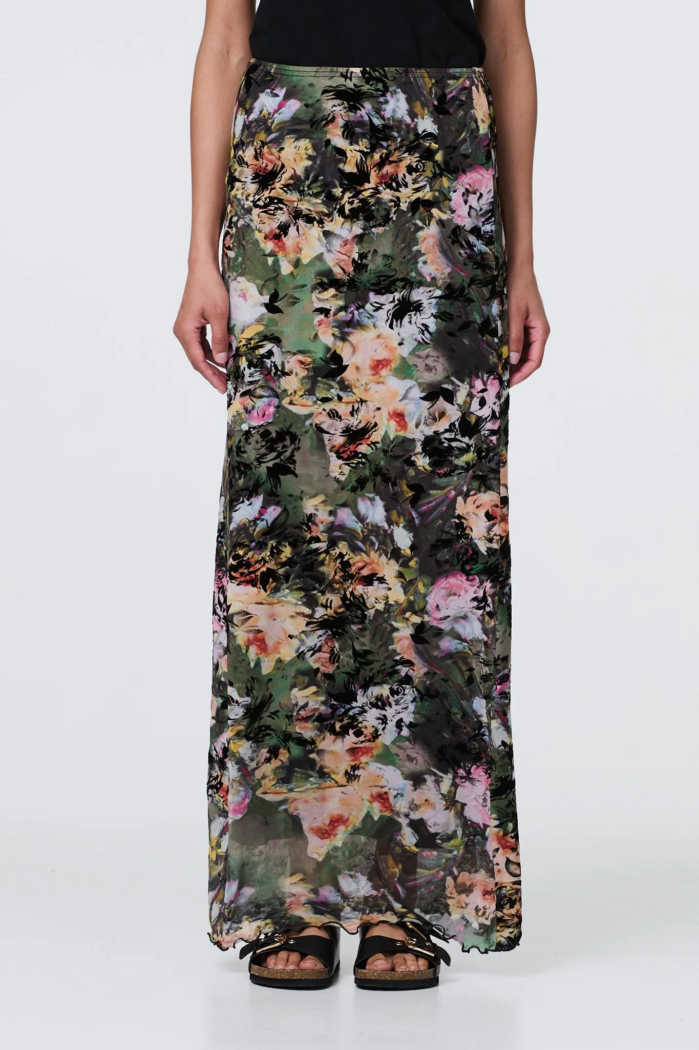 Floral Mesh High Waist Straight Maxi Skirt