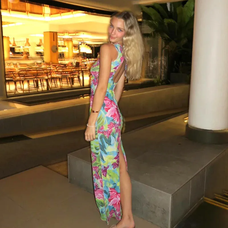 Floral Print Backless Sleeveless Bodycon Maxi Dress for Party Beach Summer Holidays