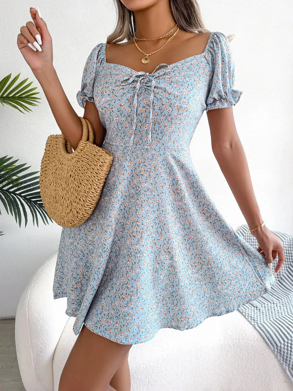 Floral Print Women's Summer 2024 Casual V-Neck Mini Dress