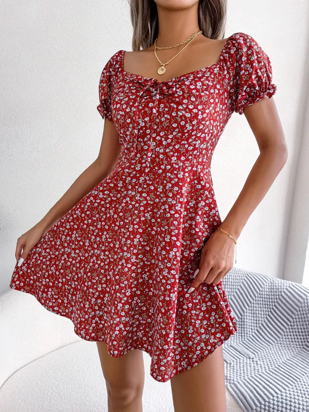 Floral Print Women's Summer 2024 Casual V-Neck Mini Dress