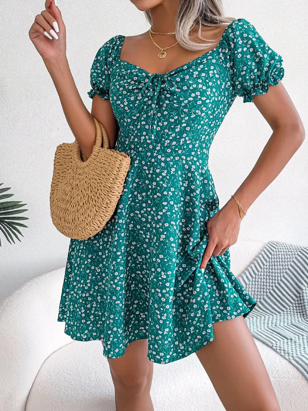 Floral Print Women's Summer 2024 Casual V-Neck Mini Dress