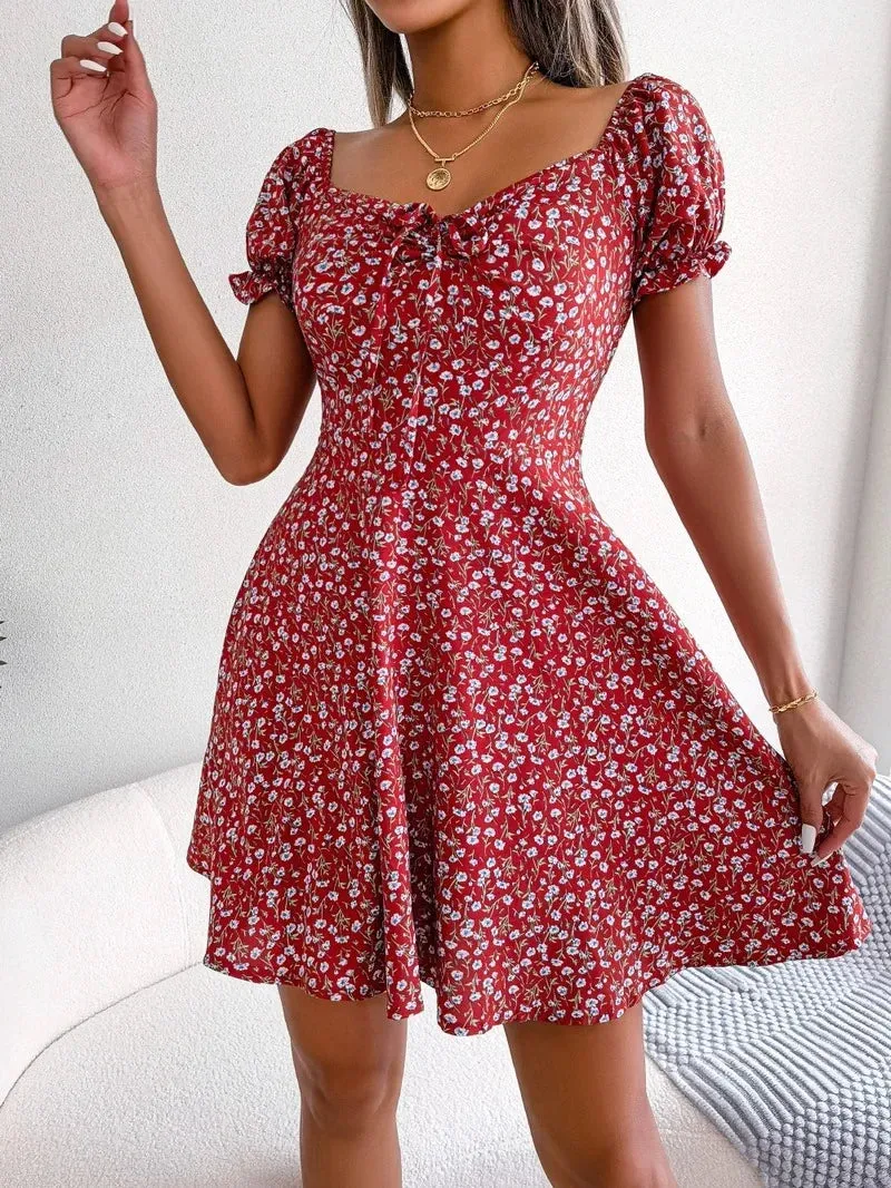 Floral Print Women's Summer 2024 Casual V-Neck Mini Dress