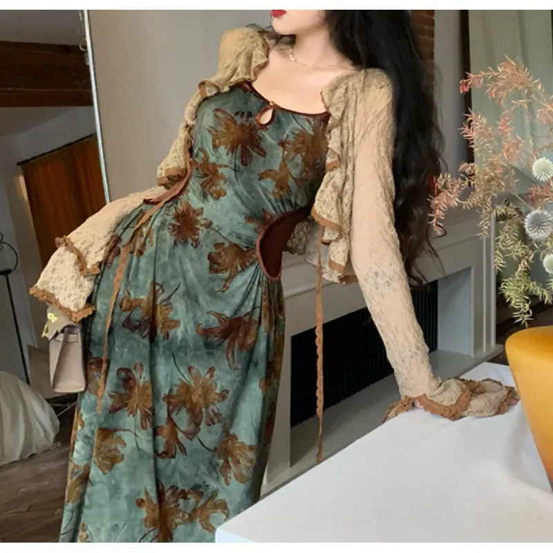 Green Halter Autumn French Retro Waist Slimming Brown Clothing SlimFit Floral Dress