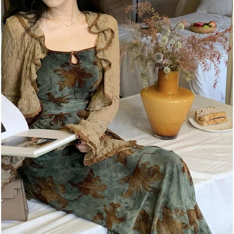 Green Halter Autumn French Retro Waist Slimming Brown Clothing SlimFit Floral Dress