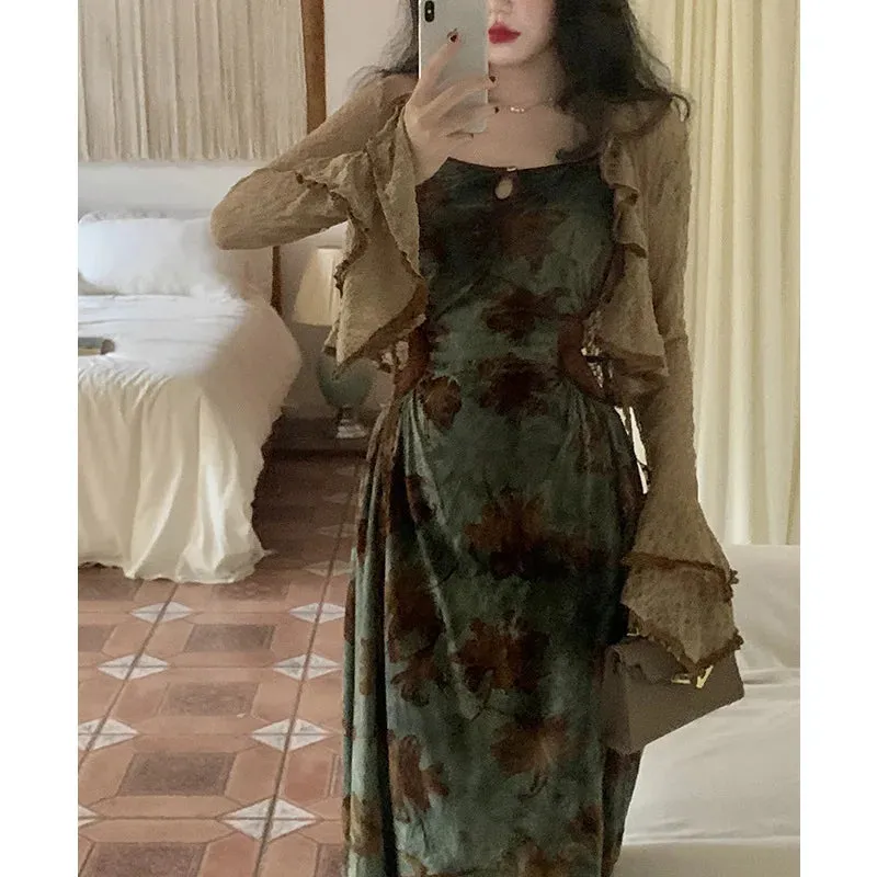 Green Halter Autumn French Retro Waist Slimming Brown Clothing SlimFit Floral Dress