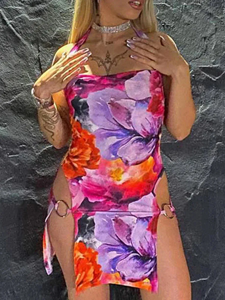 Halter Mini Hot Side Split Sleeveless Backless Floral Print Bodycon Summer Y2k Dress