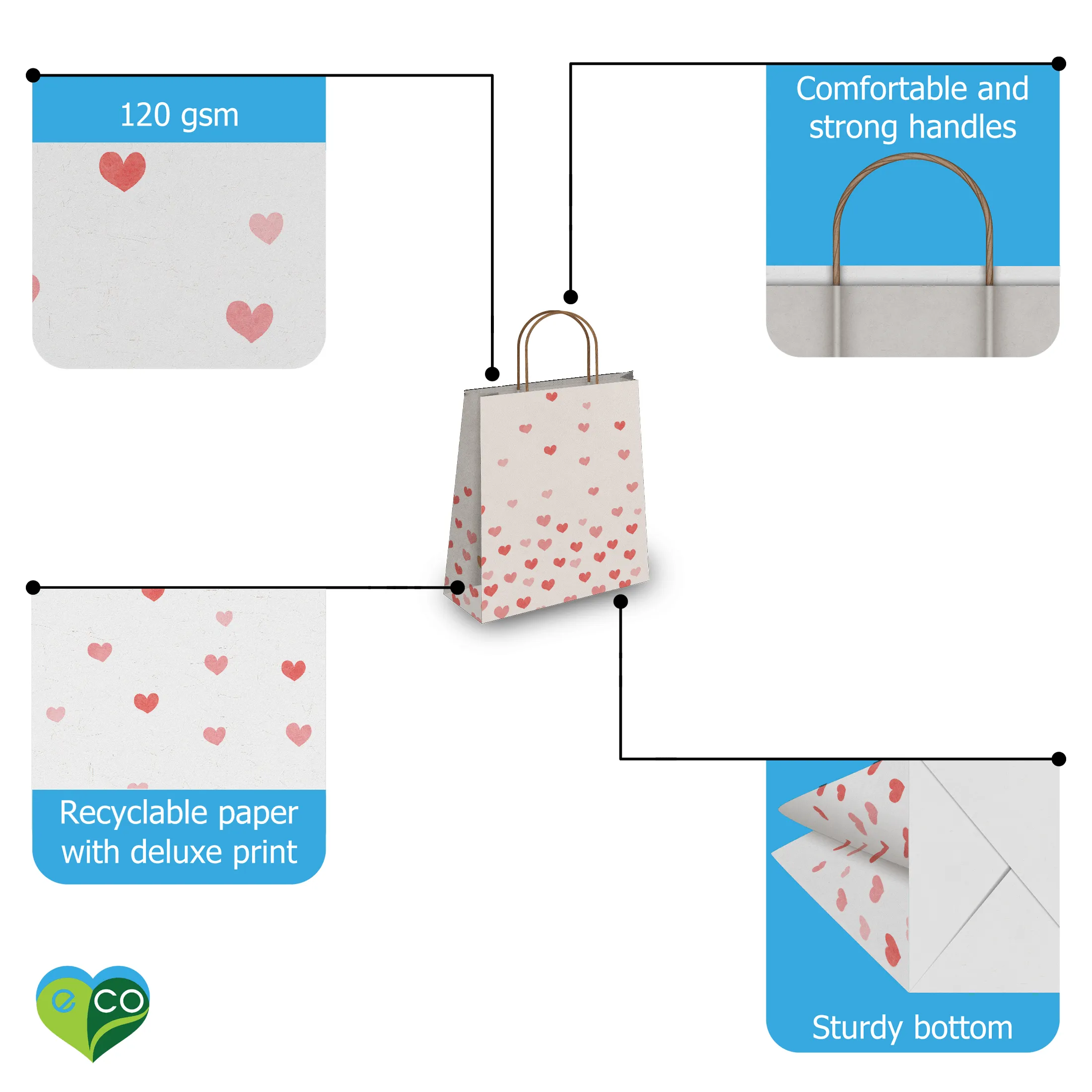 Hearts Kraft Gift Bags (10.5x8x4.5 inches)