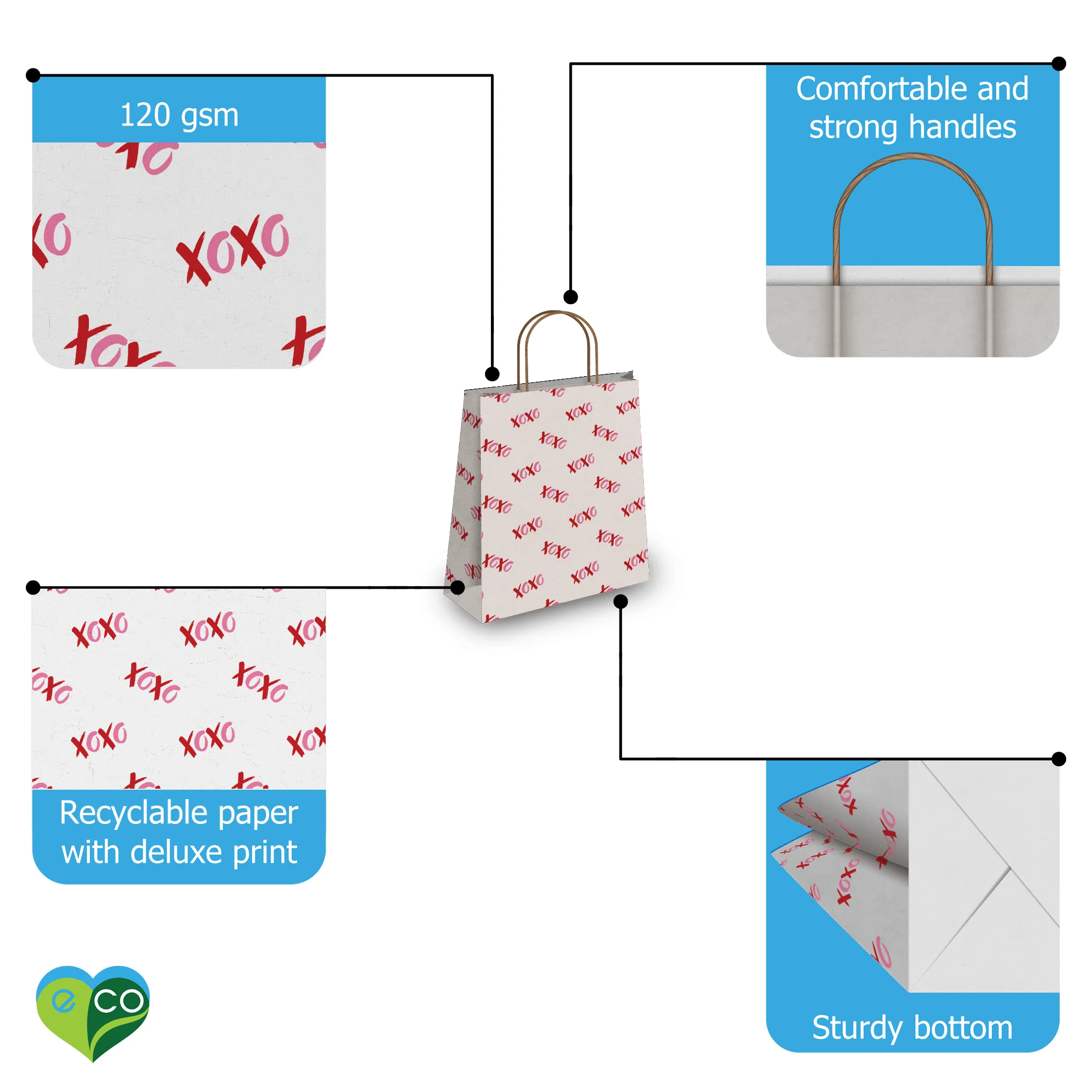 Hearts Kraft Gift Bags (10.5x8x4.5 inches)