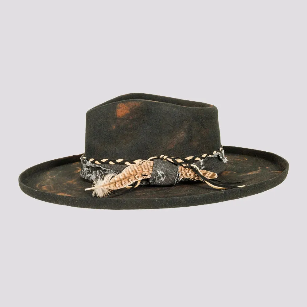 Lenny | Womens Distressed Wool Felt Teardrop Wide Brim Fedora Hat