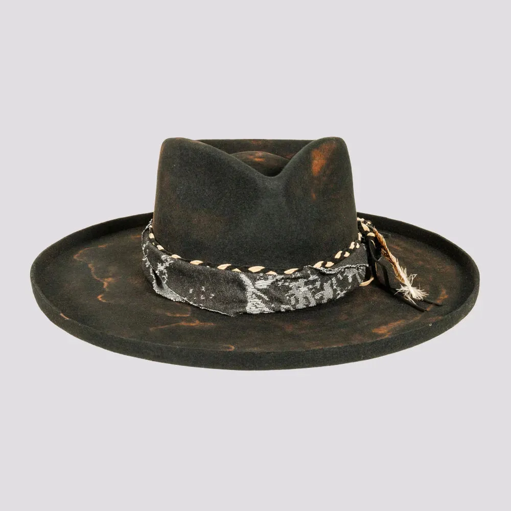 Lenny | Womens Distressed Wool Felt Teardrop Wide Brim Fedora Hat