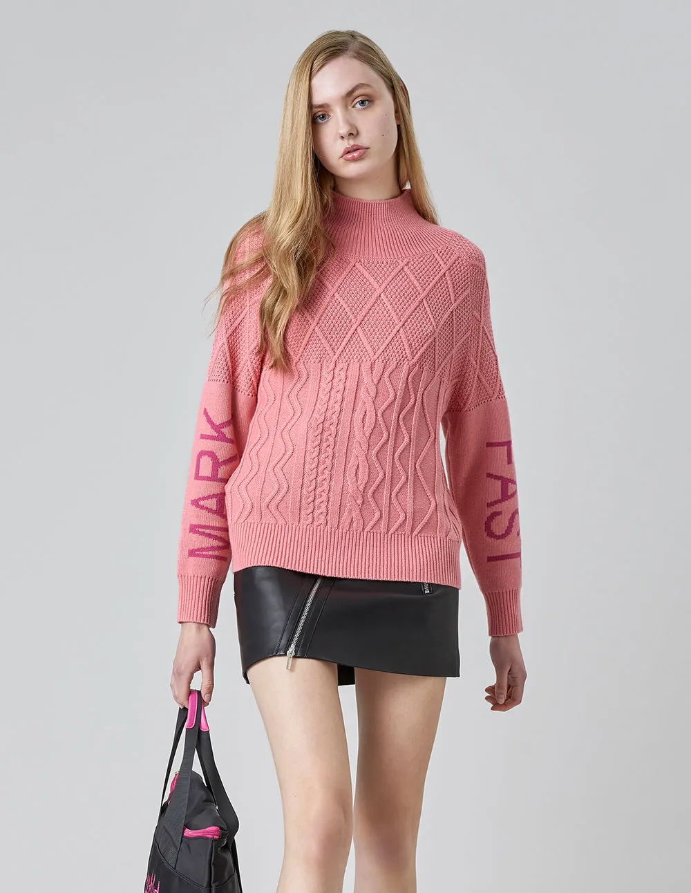 MARK FAST WOMEN HIGH NECK JACQUARD CABLE KNITTED PULLOVER