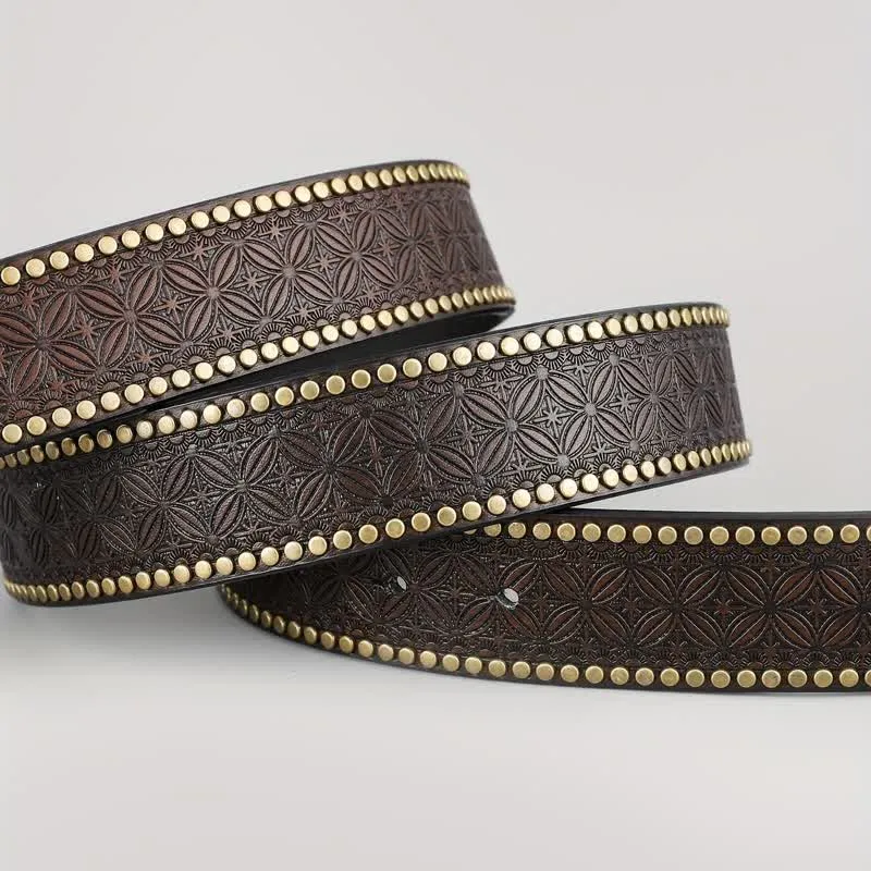 Men's Dark Brown Bull Head Embossed Leather Belt