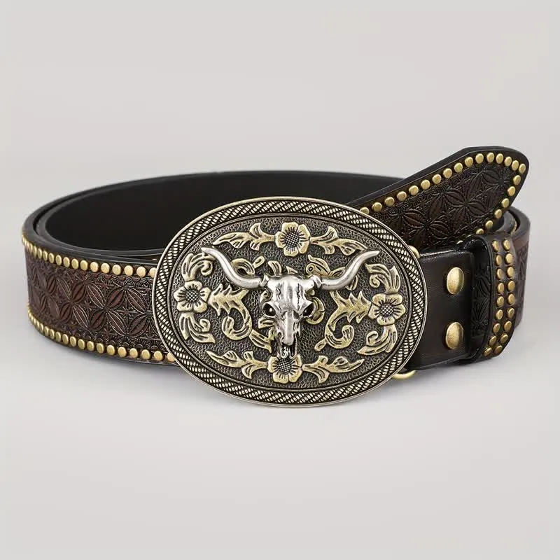 Men's Dark Brown Bull Head Embossed Leather Belt