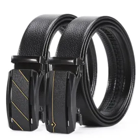 Men's Full Black Gold Line Automatic Buckle Leather Belt