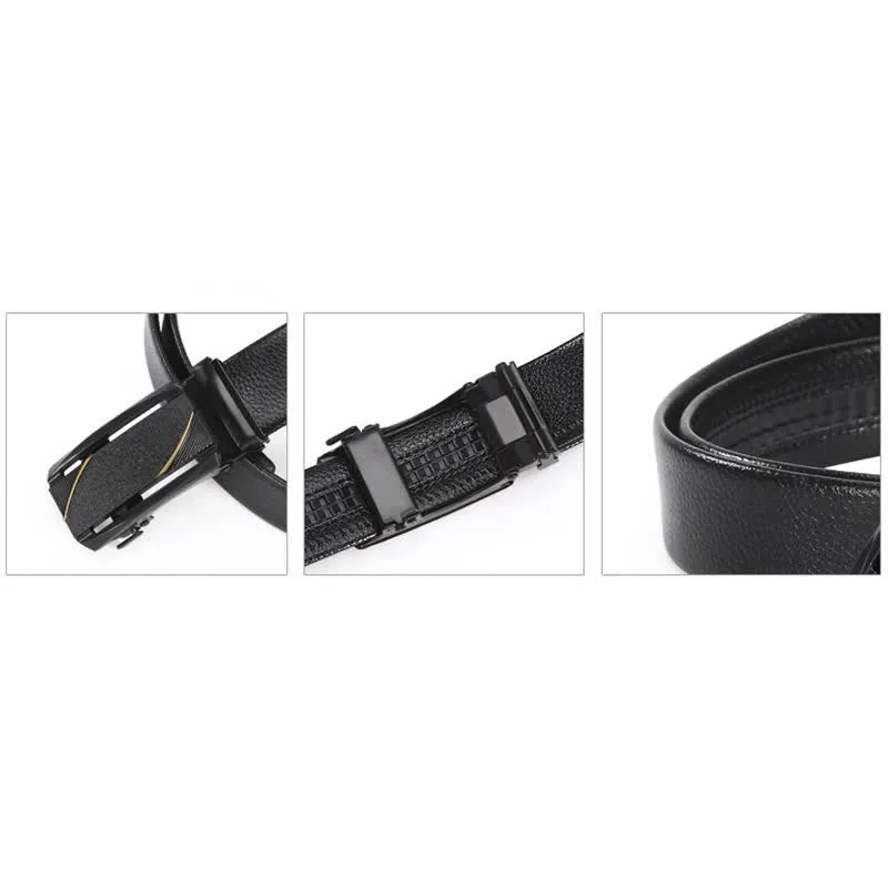 Men's Full Black Gold Line Automatic Buckle Leather Belt