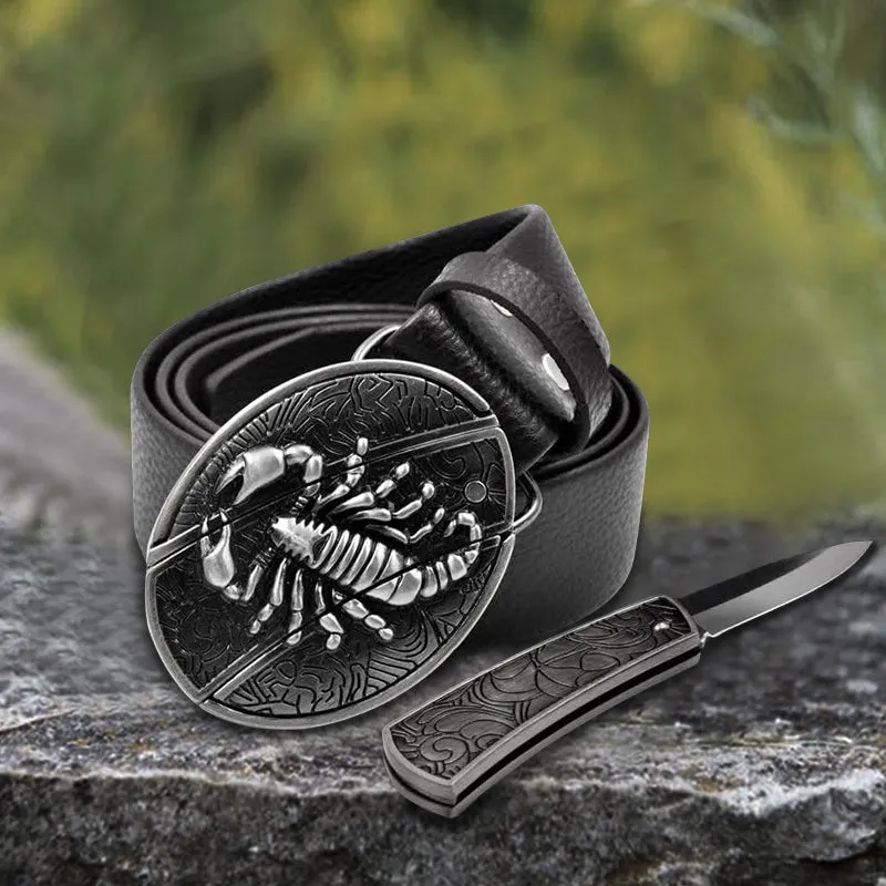 Men's Scorpion Leather Belt With Folding Knife