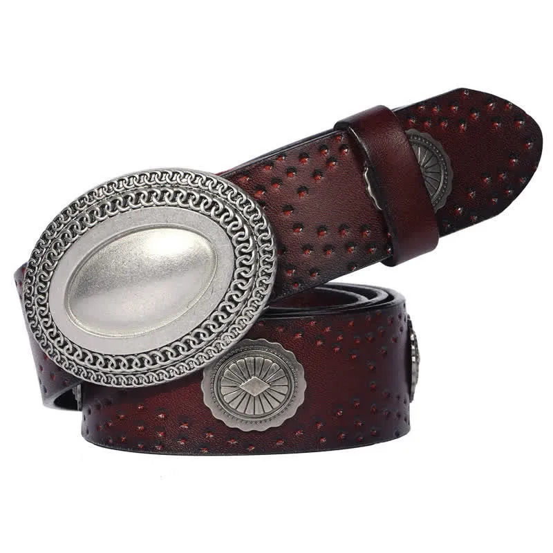 Men's Vintage Looking Oval Buckle Rivet Leather Belt