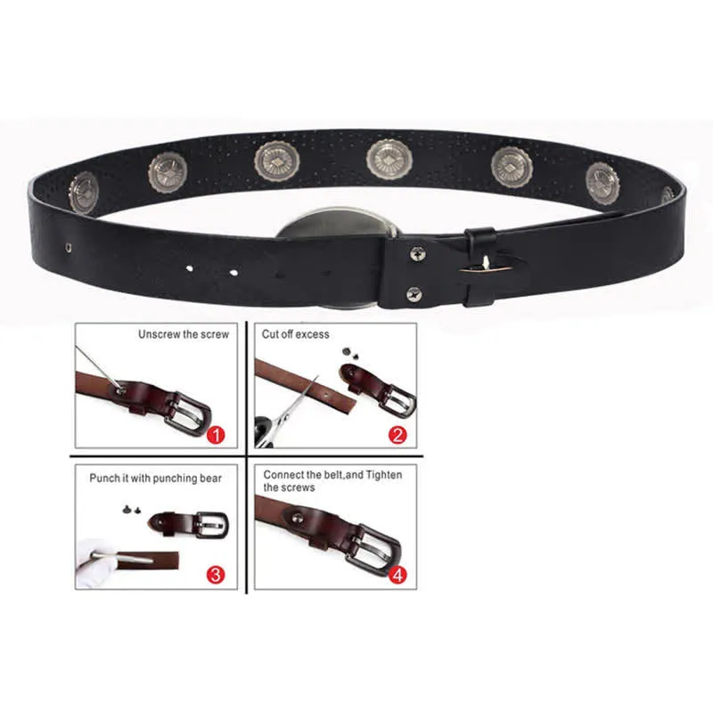 Men's Vintage Looking Oval Buckle Rivet Leather Belt