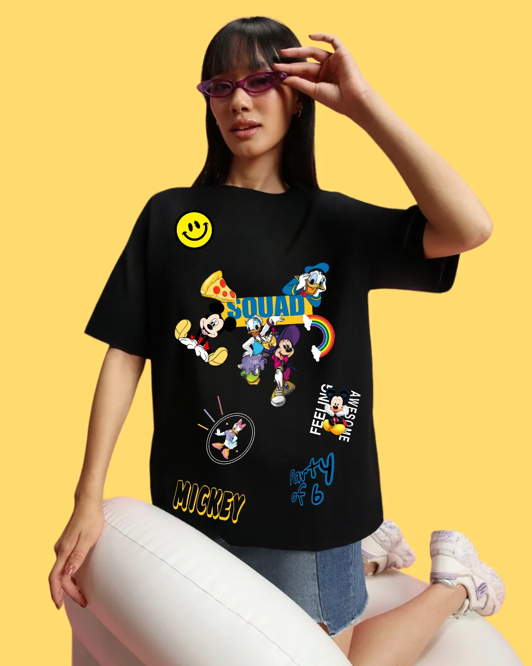 Mickey Printed Oversized  Women's Black T-shirt