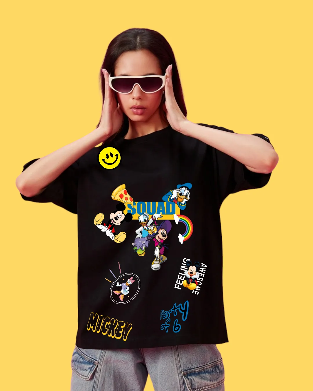 Mickey Printed Oversized  Women's Black T-shirt