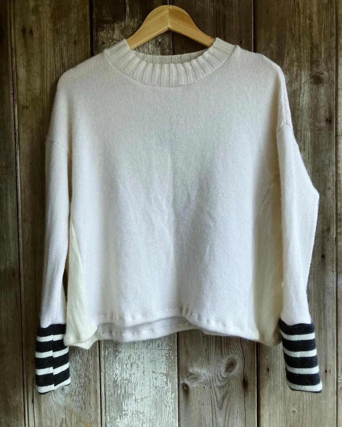 Nimpy Clothing upcycled 100% cashmere white with striped boxy jumper medium/large