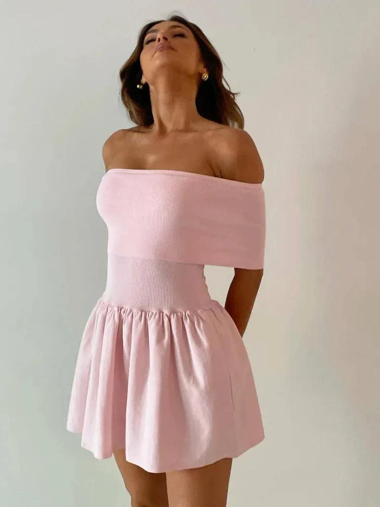 Pink Off Shoulder Knit Summer Mini Dress for Wedding Party