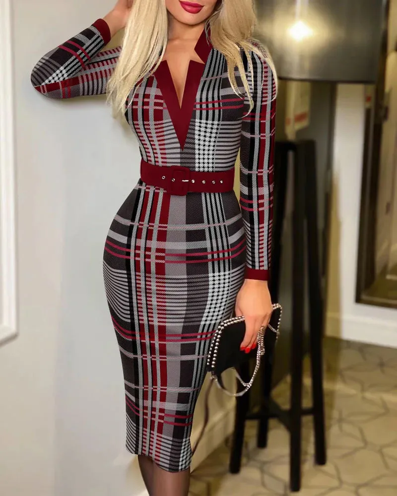 Polka Dot Print V Neck Long Sleeve Midi Dress for Women