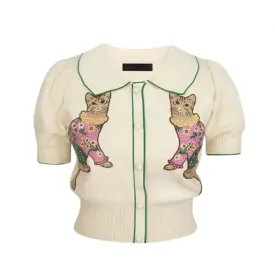 Pre Order:  Cat Embroidery Short Sleeve Knitted T-Shirt