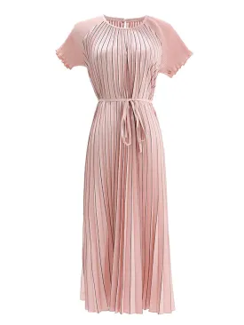 Pre Order:  Color Pleated Waist Tie Midi Dress