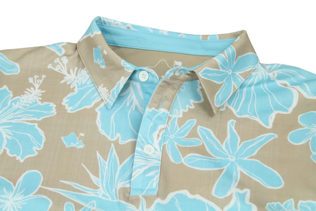 "Sketchy Floral Sandy Aqua" - OGA Youth Polo - Sand and Aqua