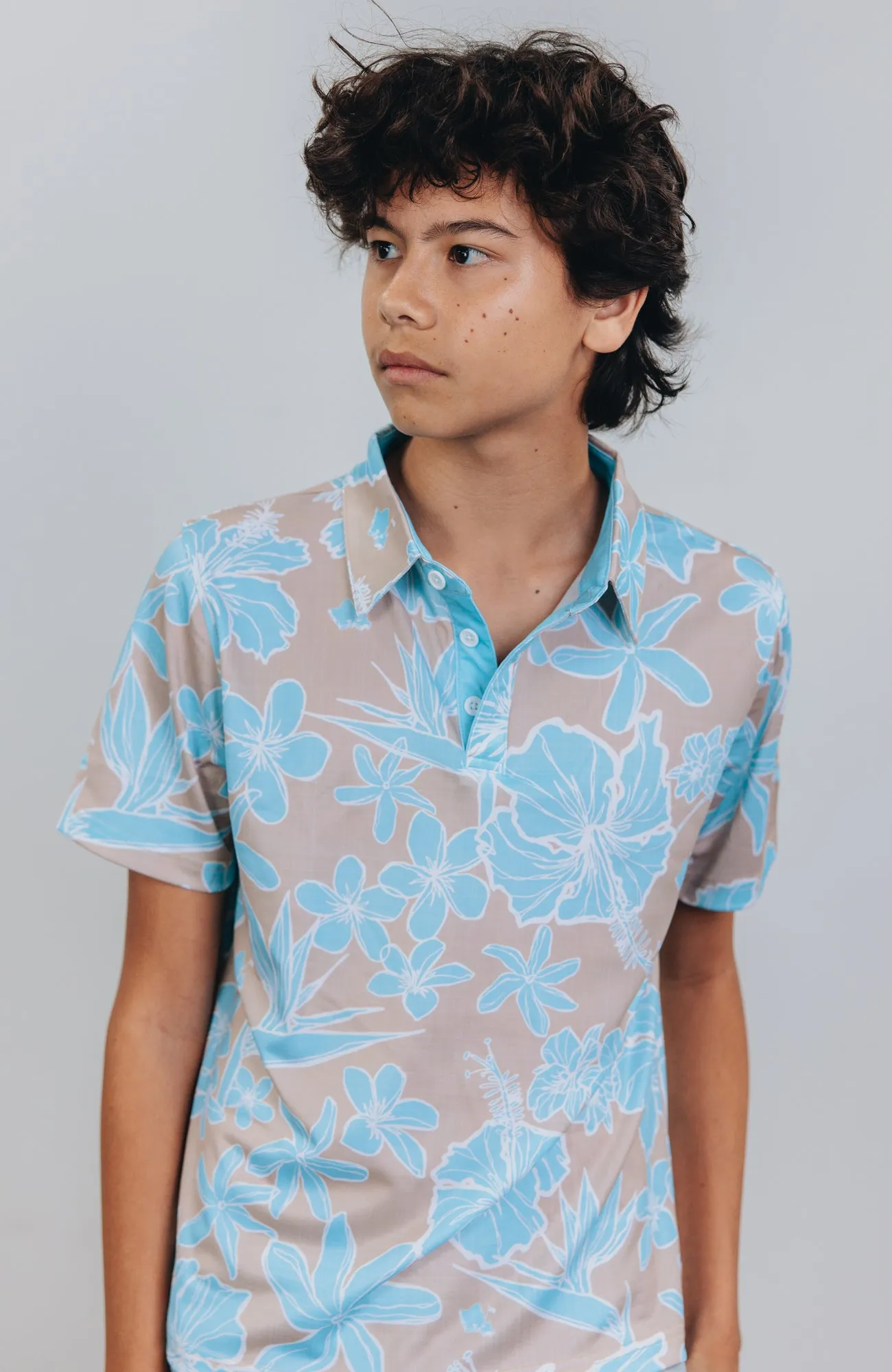 "Sketchy Floral Sandy Aqua" - OGA Youth Polo - Sand and Aqua