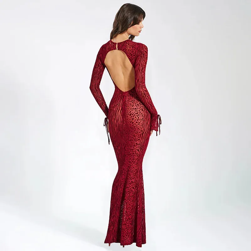 Red Leopard Mesh Backless Flare Sleeve Maxi Dress