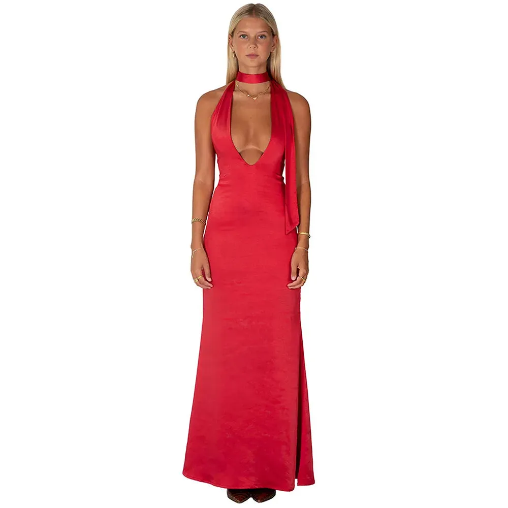 Satin Backless Halter V-neck Maxi Dress for Parties