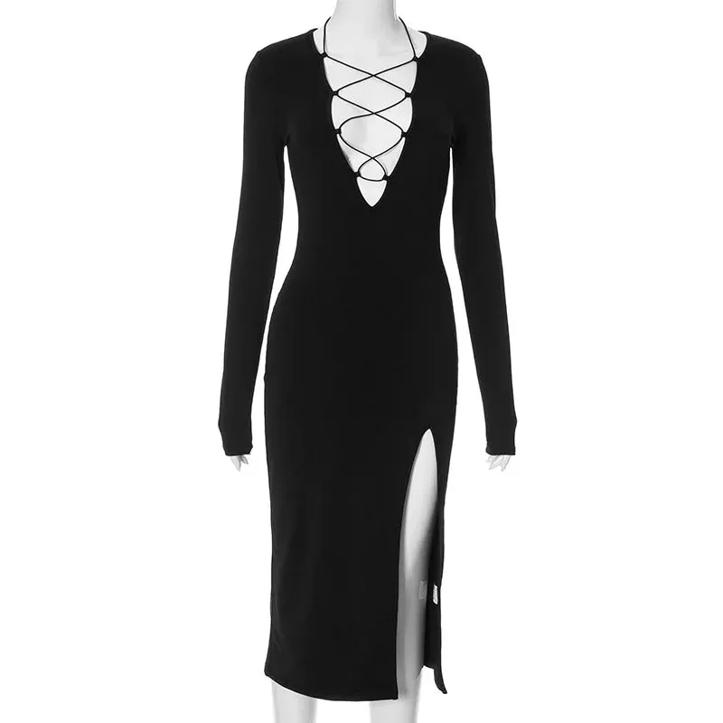 Sexy Deep V Neck Long Sleeve Bodycon Black Bandage Midi Clubwear Dress with Fall Split and Cut Out