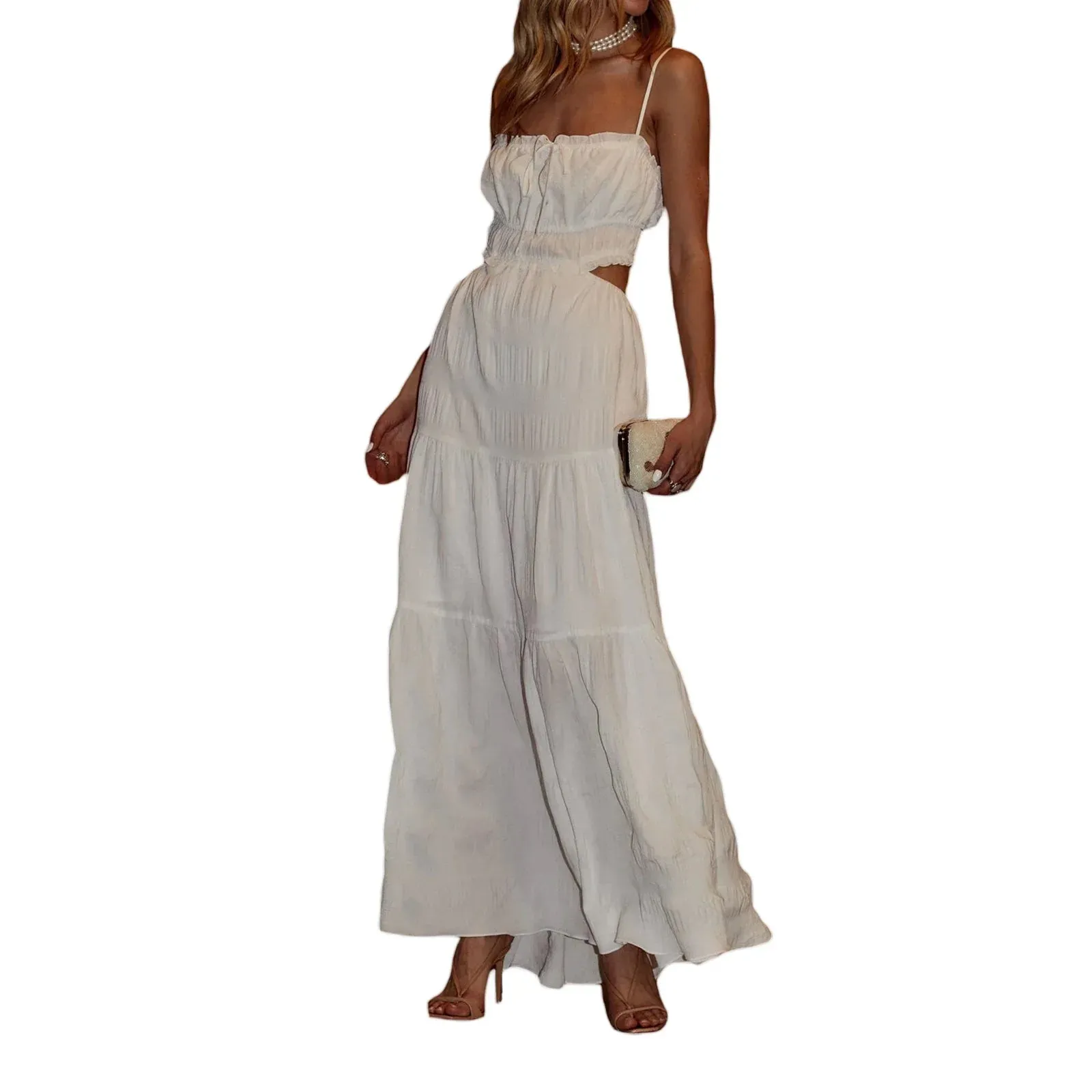 Spaghetti Strap Pleated Maxi Summer Backless Flowy Long Beach Vacation Casual Boho Dress