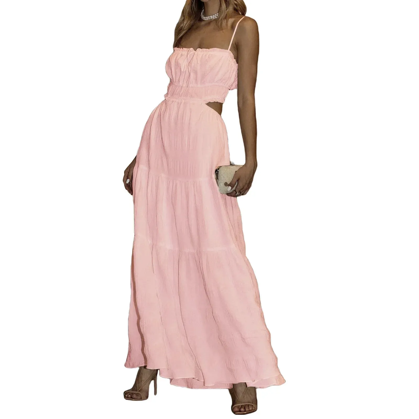 Spaghetti Strap Pleated Maxi Summer Backless Flowy Long Beach Vacation Casual Boho Dress