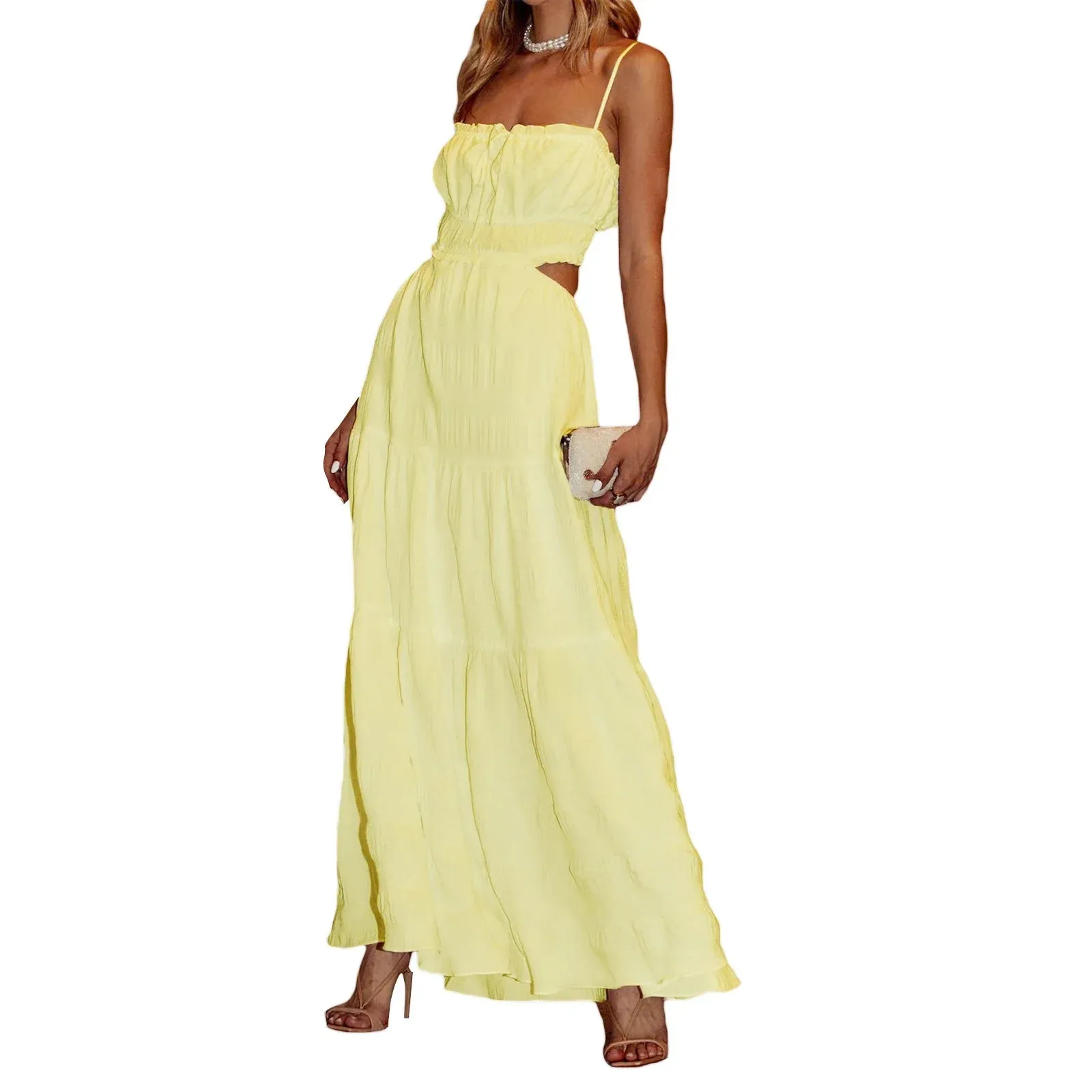 Spaghetti Strap Pleated Maxi Summer Backless Flowy Long Beach Vacation Casual Boho Dress