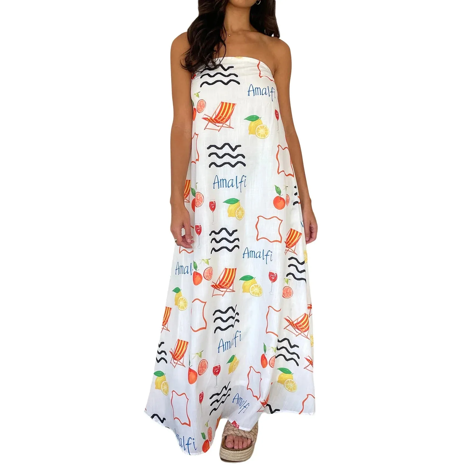 Strapless Tube Top Maxi Sexy Backless Fruit Print Swing Long Casual Summer Dress