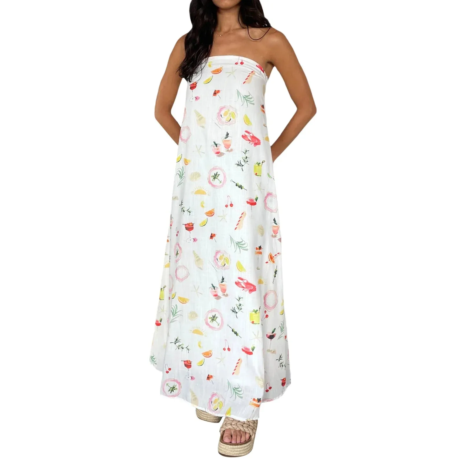 Strapless Tube Top Maxi Sexy Backless Fruit Print Swing Long Casual Summer Dress