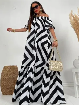 Striped Off Shoulder Midi Maxi Dress for Women