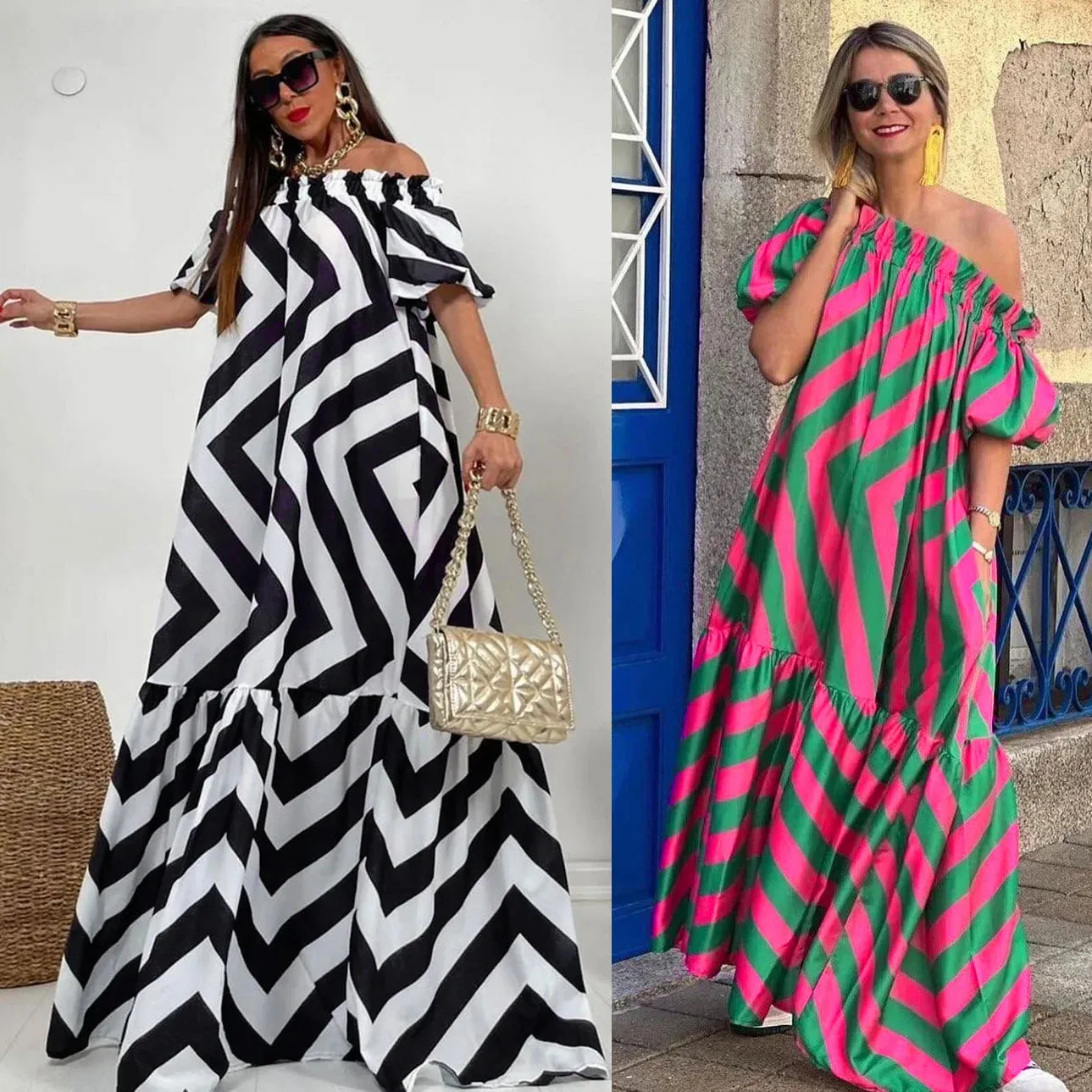 Striped Off Shoulder Midi Maxi Dress for Women