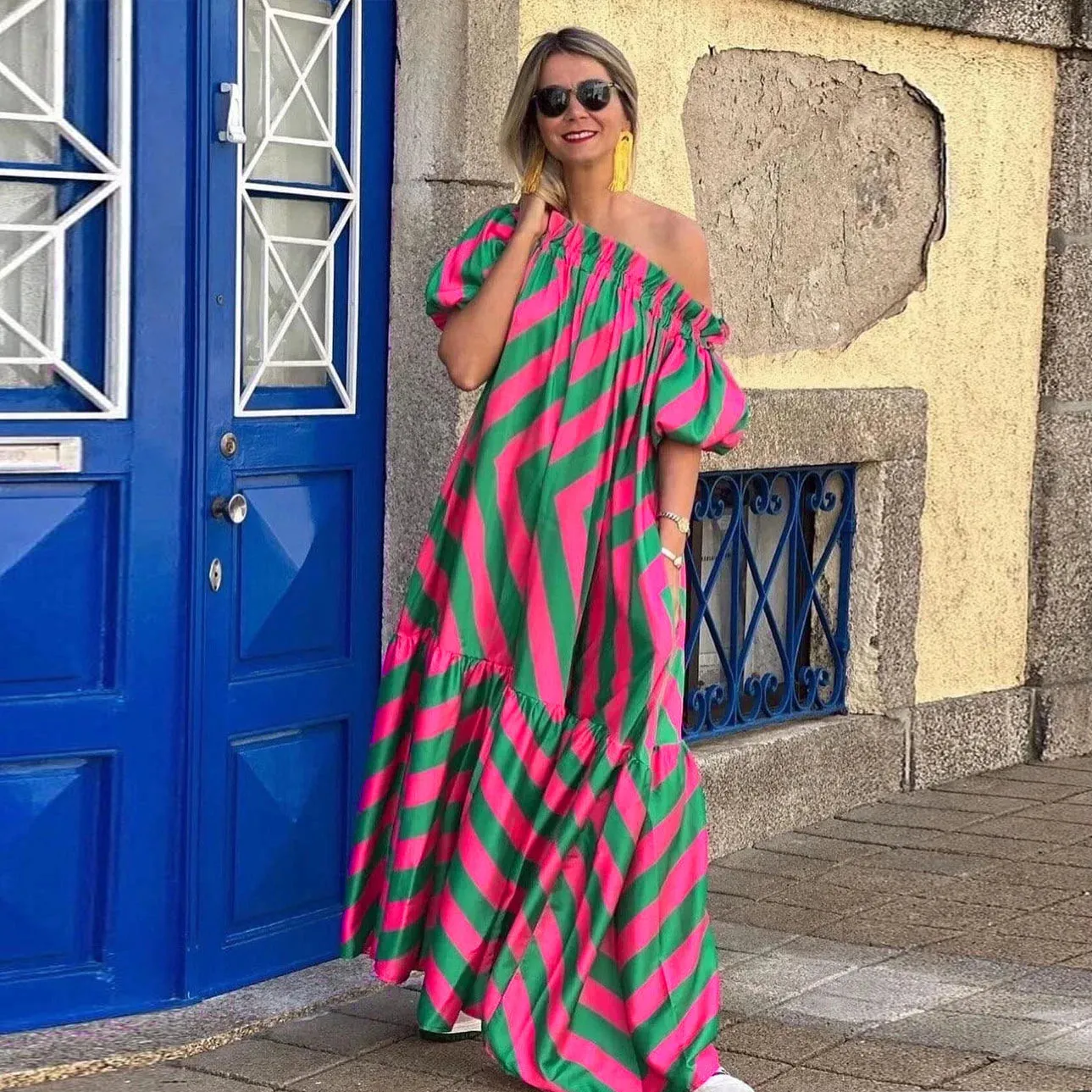 Striped Off Shoulder Midi Maxi Dress for Women